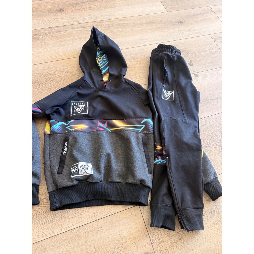Nearfall Wrestling Club Tracksuit Kids Youth Medium Black Grey Neon Hoodie Set